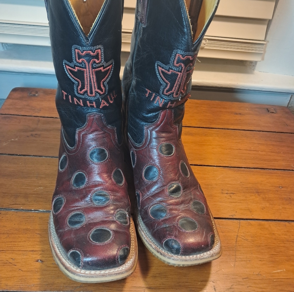 Tin Haul Black and Burgundy Western Combat Boots with Overlay Circles